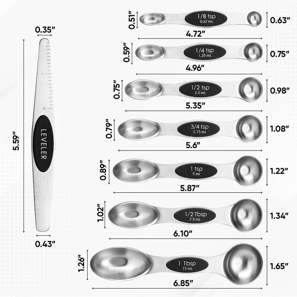 Spring Chef Stainless Steel Magnetic Measuring Spoons Set with Strong N45 Magnets, Heavy Duty Metal Kitchen Gadgets for Baking & Cooking, Fits in Most Kitchen Spice Jars, Set of 8 with Leveler, Black
