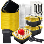 NPLUX 50 Pcs Mini Square Baking Cups with Lids and Spoons Aluminum Foil Mini Cake Pans with Lids Disposable Ramekins Cake Pans Dessert Cups for Wedding Birthday Party(Black Gold,5oz)