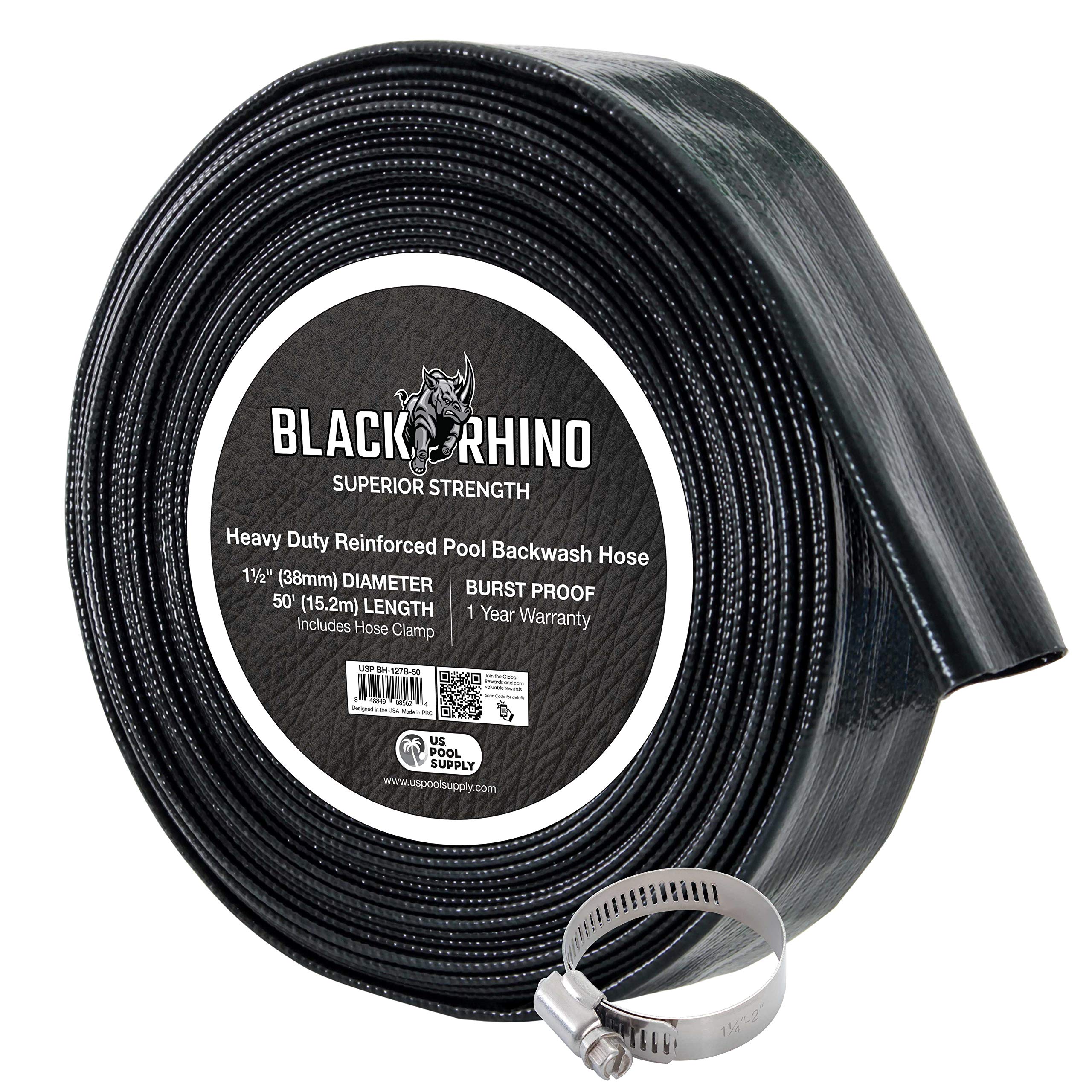 U.S. Pool Supply Pool Backwash Hose 1 1/2 Inch Diameter x 50 Feet - Discharge Hose for Pump, Sand Filter & Sump Pump Hoses - Burst Resistant Lay Flat Drainage Hoses for Inground & Above Ground Pools