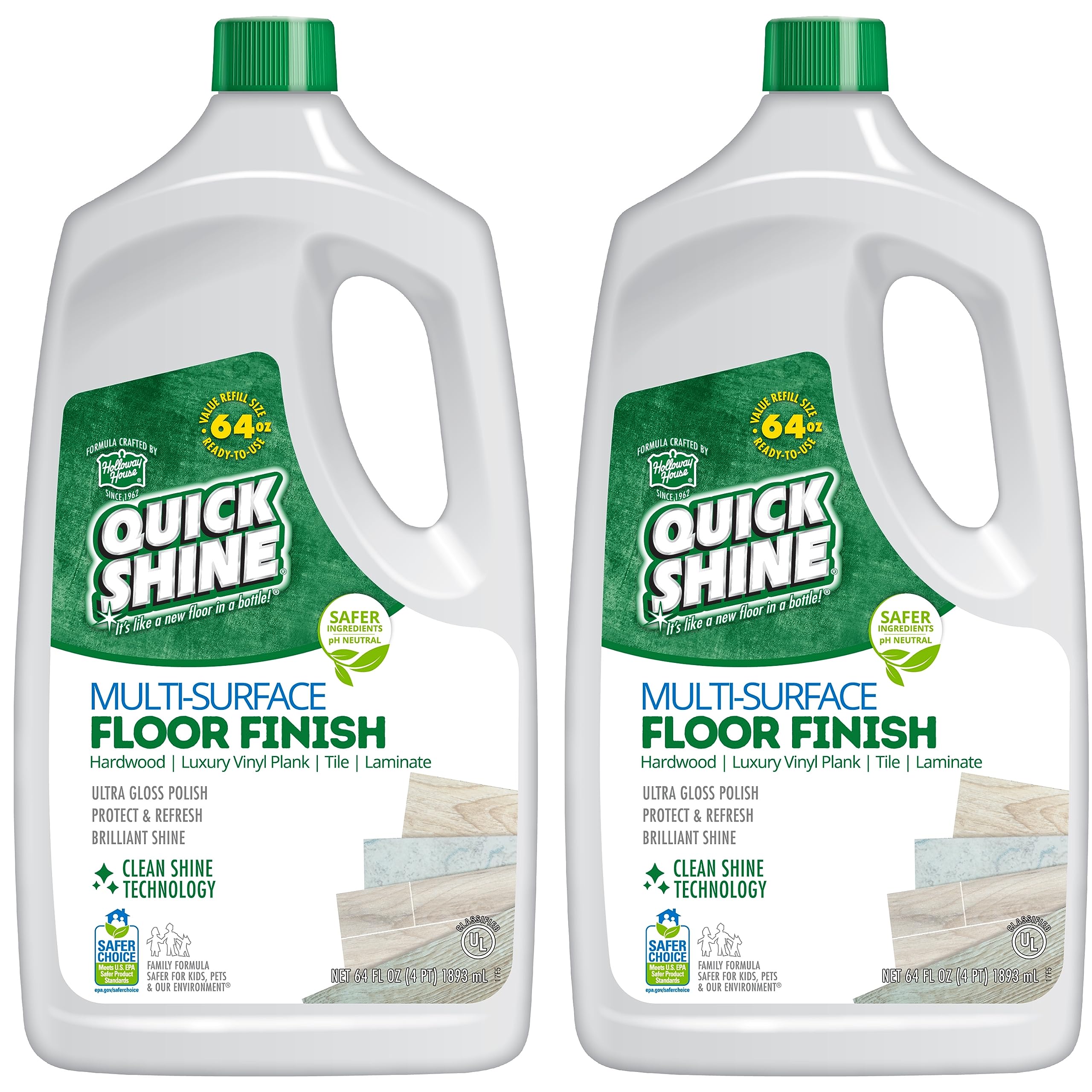 Quick Shine Multi Surface Floor Finish 64oz, 2Pk | Cleaner & Polish to use on Hardwood, Laminate, Luxury Vinyl Plank LVT, Tile & Stone | Safer Choice w/Clean Shine Technology | Shine-Protect-Refresh