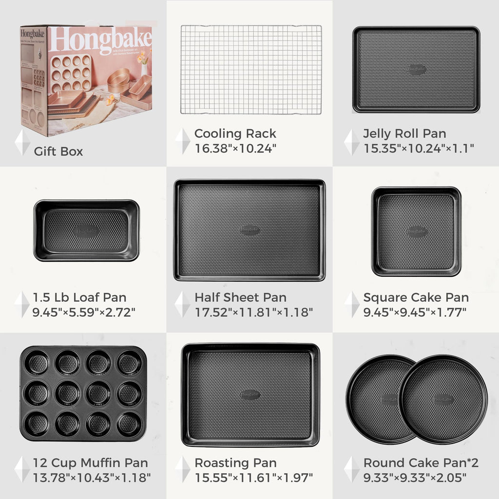 HONGBAKE 9-Piece Baking Pans Set Nonstick, Stackable Non Toxic Bakeware Sets with Diamond Texture, Oven Pan Set for Cooking, Includes Cookie Sheet with Rack, Cake Pan, Roasting Pan, Muffin Tin, Gray