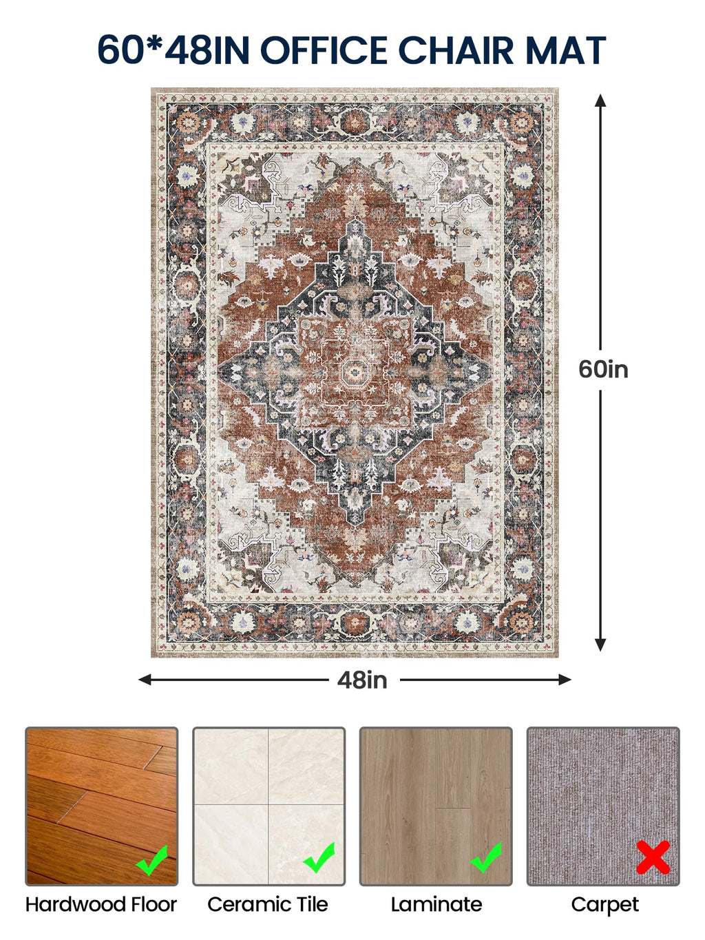 PROHALO Office Chair Mat for Hardwood Floor, 48"X 60" Desk Chair Mat for Hard Floors, Floor Mat for Office Chair，Under Desk Ofiice Rug for Rolling Computer Chair Gaming Chair-Brown