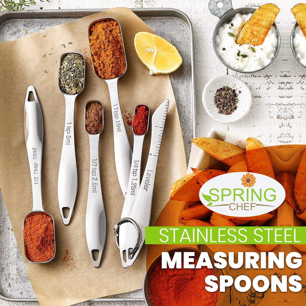 Spring Chef Stainless Steel Measuring Spoons Set of 6 with Leveler, Rectangular Metal Teaspoon & Tablespoon Measuring Spoons for Dry & Liquid Ingredients - Nesting Kitchen Gadgets For Baking & Cooking
