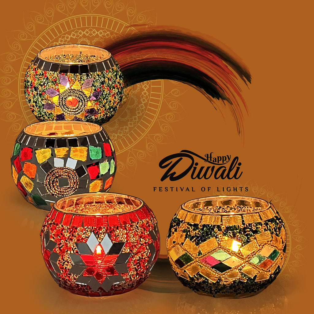 SHMILMH Glass Candle Holder Set of 4, Diwali Gift Votive Candle Holders Handmade Mosaic Glass Tealight Holders Diwali Christmas Table Decorations for Home