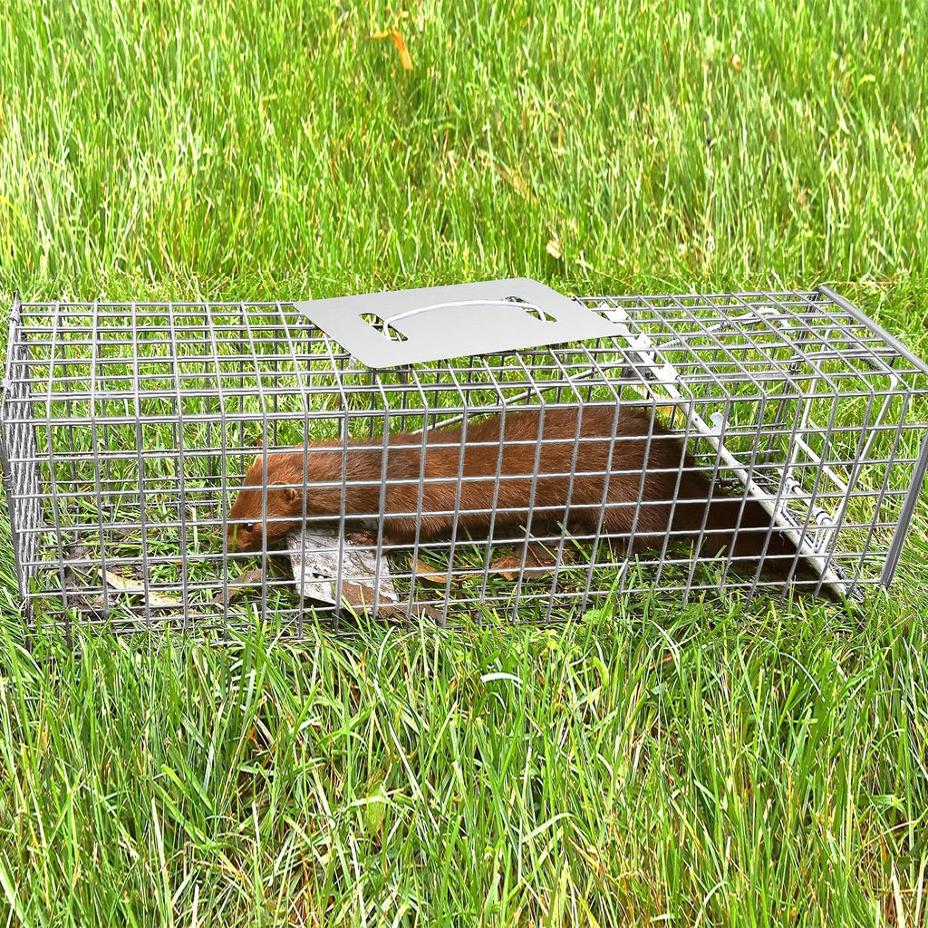 Qualirey 2 Pack 24'' Live Animal Trap Cage Cat Trap Cage Foldable Steel Humane Catch and Release Animal Trap for Groundhog Squirrel Raccoon Mole Gopher(Silver, 24.41 x 7.09 x 8.27 Inch)