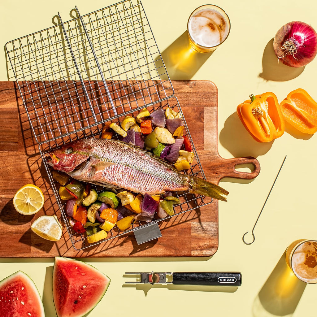 SHIZZO Grill Basket Set, Barbecue BBQ Grilling, Stainless Steel Folding Portable Outdoor Camping Rack for Fish, Shrimp, Vegetables, Cooking Accessories, Gifts for Dad, husband, Friends