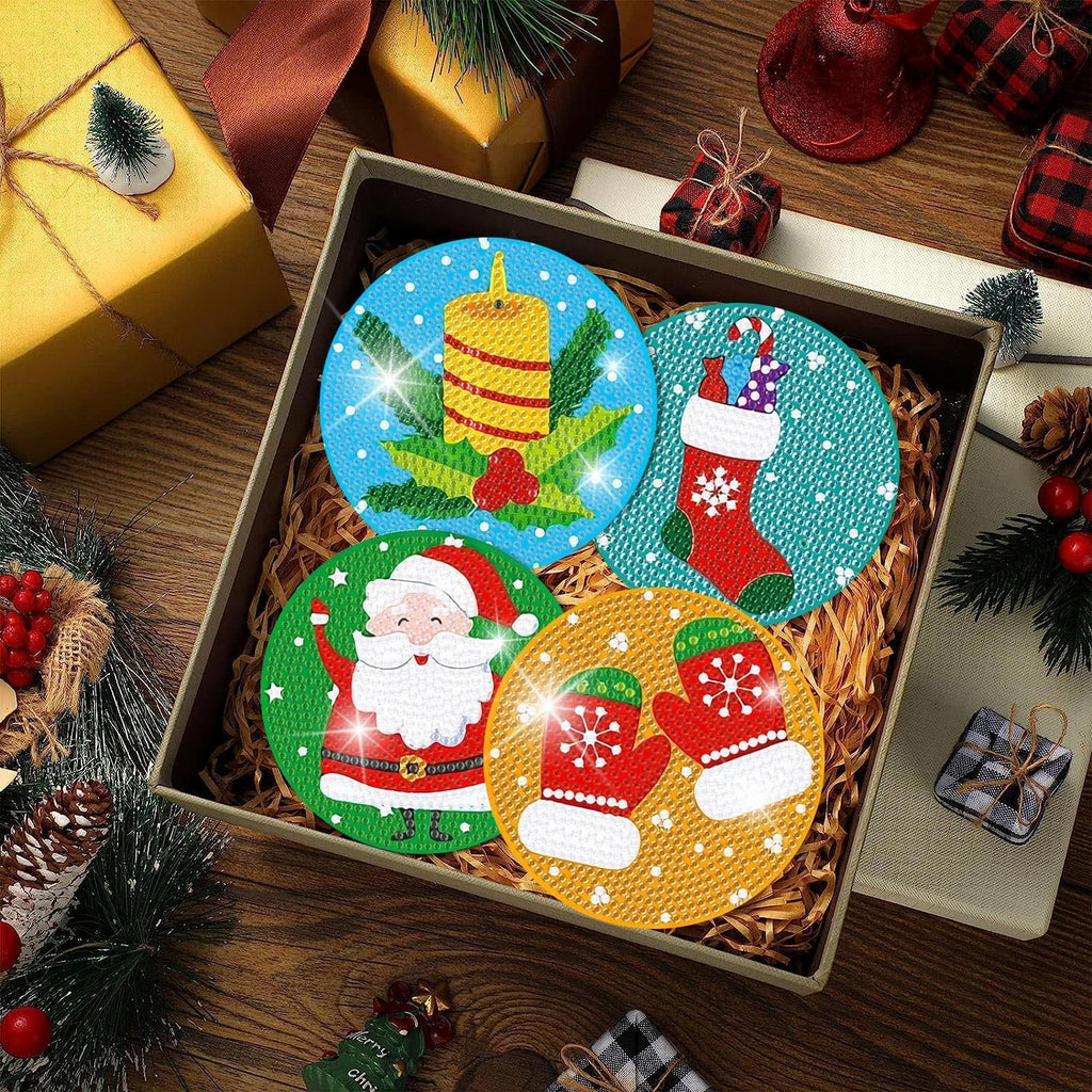 igoodom 8 PCS Christmas Diamond Art Coasters Kit, Diamond Painting Coasters with Holder, Non Slip Coaster Art Supplies for Adults, Christmas Gift