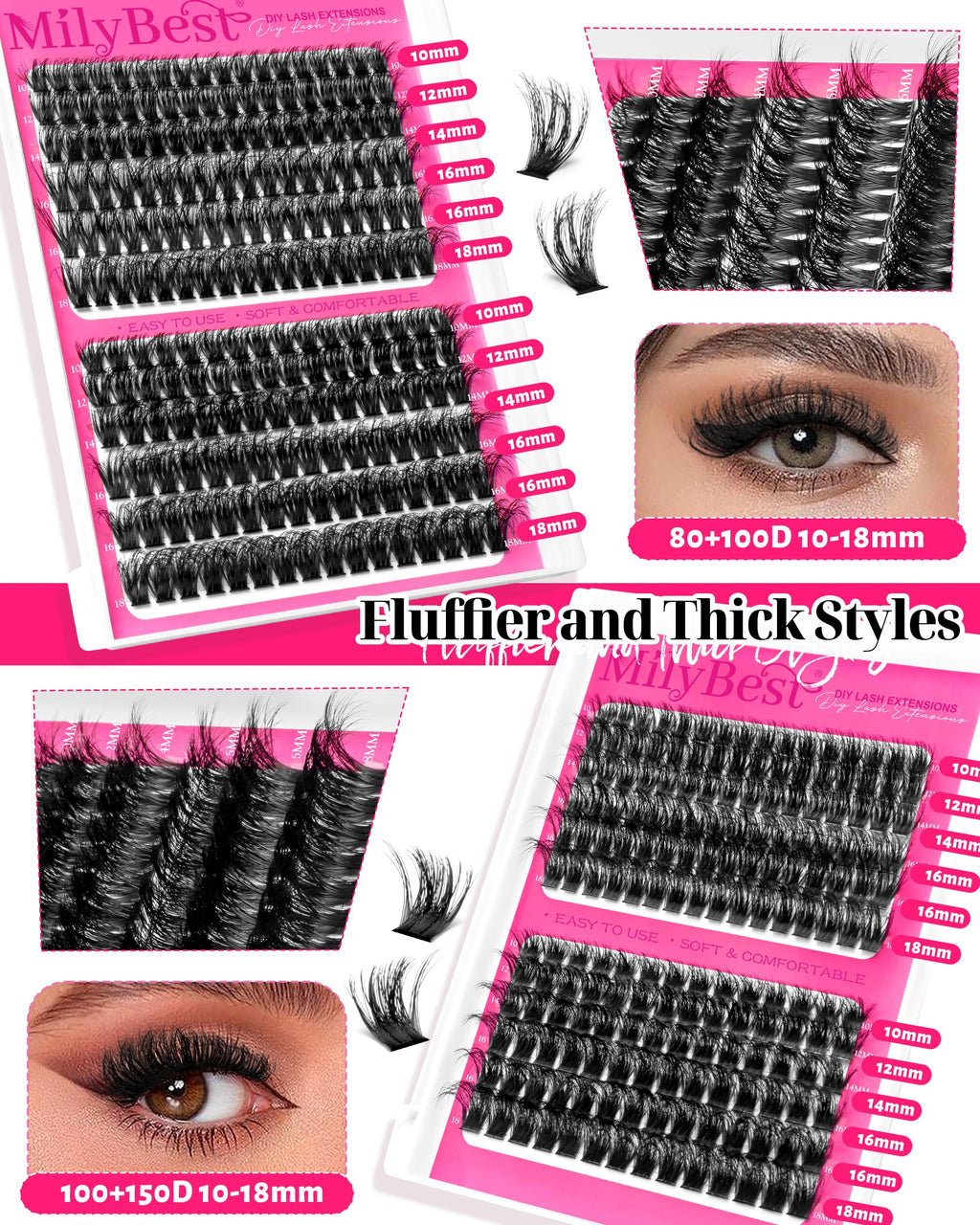 MilyBest 4 Styles Lash Clusters Kit 864Pcs Eyelash Clusters Lash Kit Volume Lashes Clusters D Curl DIY Individual False Eyelashes with 2 Bond&Seal Wispy Bulk Cluster Eyelash Extensions Kit De Pestañas