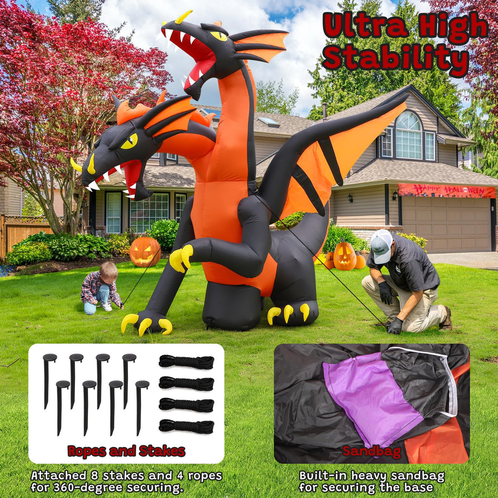 FunFanso 8FT Giant Halloween Inflatable Double Headed Dragon, Ip44 Waterproof, Blow up Festival Yard Outdoor Decorations with Built-in Bright LED Lights for Garden Lawn Garden Yard Holiday Party Decor