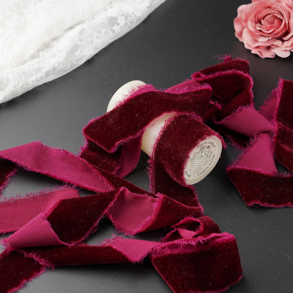 DINDOSAL Burgundy Velvet Ribbon 1.5 Inch Maroon Frayed Silk Velvet Ribbon Rustic Burgundy Christmas Velvet Ribbon Gift Ribbon Raw Edge Boho Ribbon Wedding Invitation Bridal Bouquet Ribbon -3yards