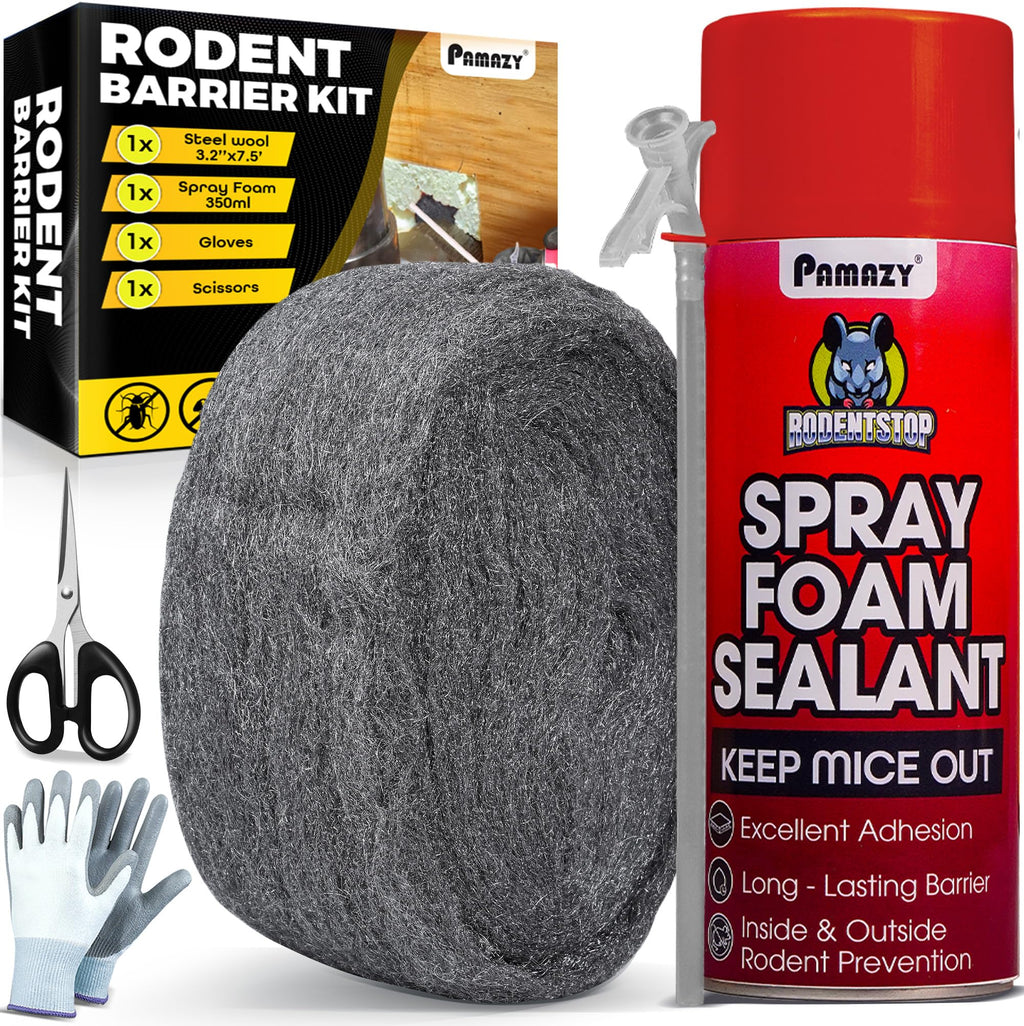 [Upgraded] Rodent Barrier Kit, Steel Wool Included PU Spray Foam Hole Filler for Mice Control 3.2"x7.5’ Rodent Control Fill Fabric, Gloves, Scissors,Gap Blocker in Hole Pipeline Vent in House, Garage