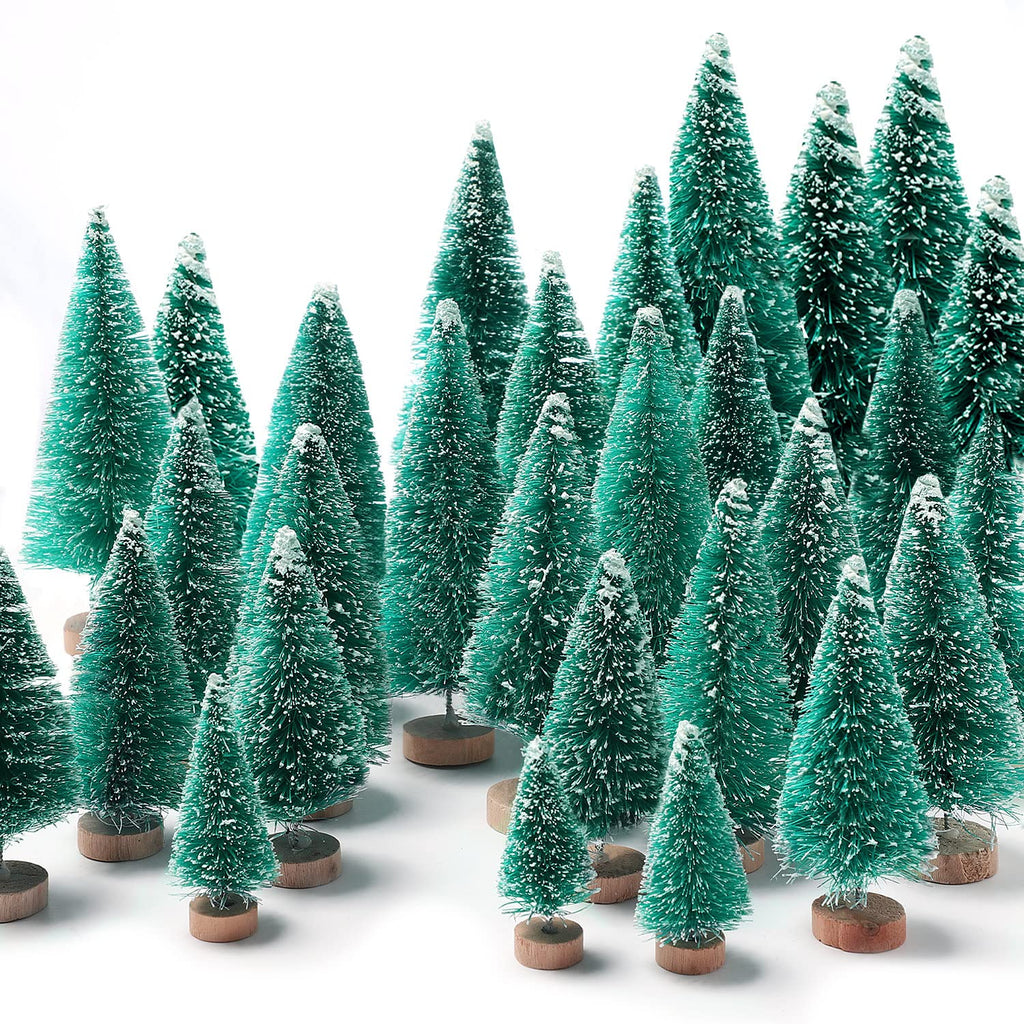 30Pcs Mini Christmas Trees, Artificial Christmas Tree Bottle Brush Trees Christmas with 5 Sizes, Sisal Snow Trees with Wooden Base for Christmas Decor Christmas Party Home Table Craft