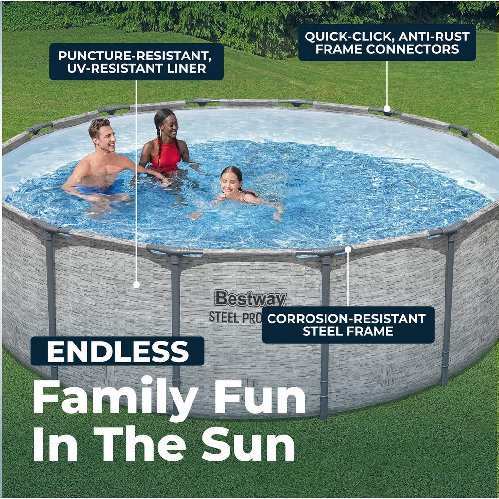 Bestway Steel Pro MAX 14' x 48" Above Ground Pool, Round Metal Frame Outdoor Swimming Pool Set with Filter Pump, Ladder, and Cover, Gray Stone Print