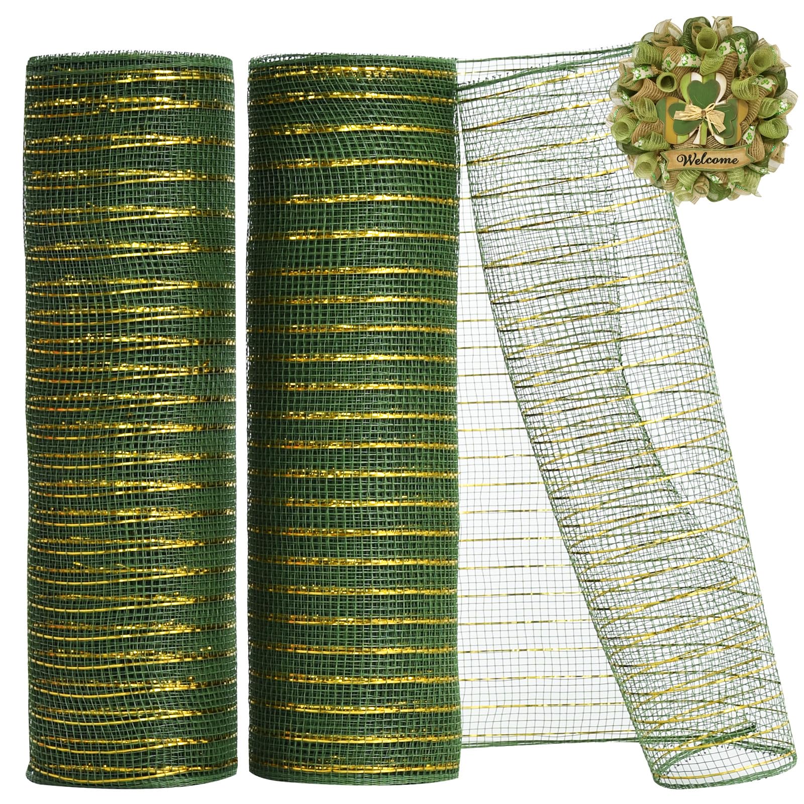 TONIFUL 2 Rolls 10 Inch Sage Green Decorative Mesh Ribbbon Rolls, Fabric Mesh with Foil for Mesh Wreath Supplies, Front Door Wreath Tree Decor Christmas NewYears Halloween Decoration (10 yds/roll)
