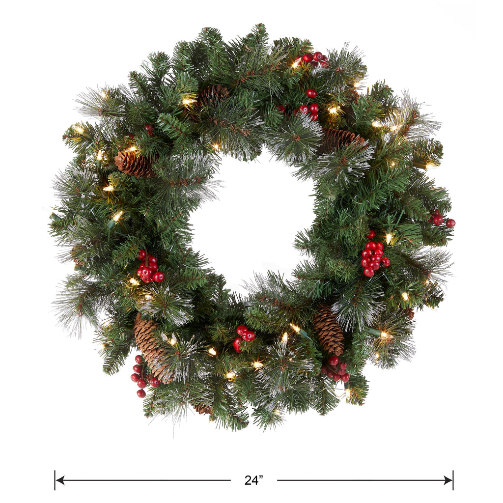 National Tree Company Pre-Lit Artificial Christmas Wreath, Green, Crestwood Spruce, White Lights, Decorated with Pine Cones, Berry Clusters, Christmas Collection, 24 Inches
