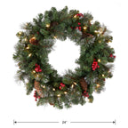 National Tree Company Pre-Lit Artificial Christmas Wreath, Green, Crestwood Spruce, White Lights, Decorated with Pine Cones, Berry Clusters, Christmas Collection, 24 Inches