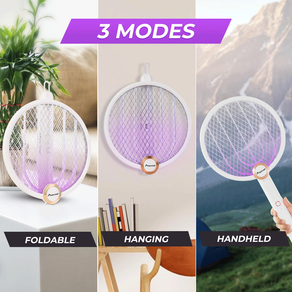 ASPECTEK Upgraded 3000V Electric Fly Swatter for Indoor and Outdoor, Portable, Foldable, Rechargeable with Improved Battery Life, USB Charging Cable, Include a Storage Bag