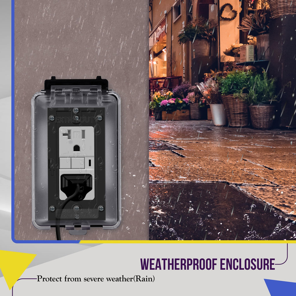ENERLITES Outdoor Outlet Cover Extra-Duty in-Use Weatherproof Outdoor Decorator/GFCI Receptacle Outlets, Weatherproof Enclosure, 1-Gang 6.1” H x 3.4” W x 2.8” D, Clear Cover, IUC1V-D