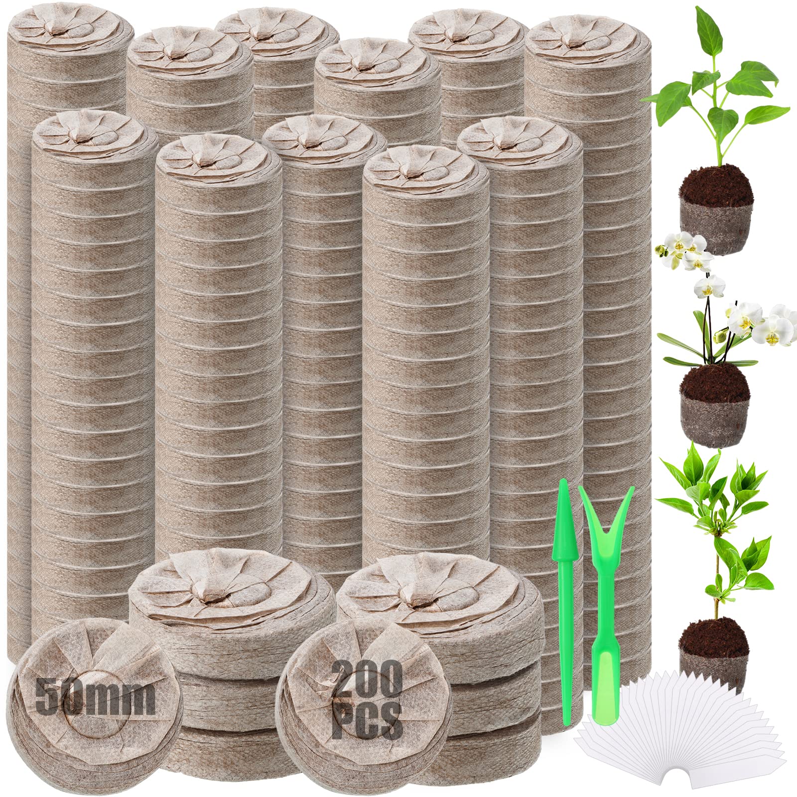 Wesiti 200 Pcs 50mm Peat Pellets Seed Starter Soil Pods Plugs Compressed Peat Nutrient Seed Starting Pods Bulk for Garden Planting Herb Flower Vegetables with 200 Plant Labels and 4 Garden Tools