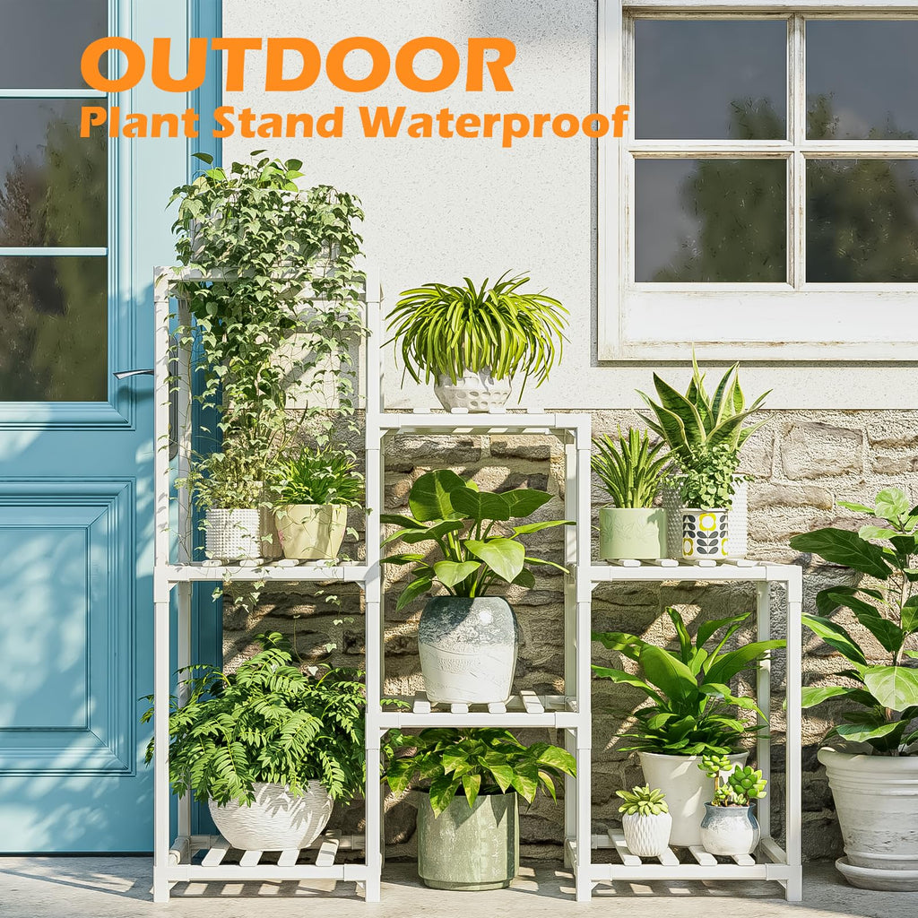 Bamworld Indoor Plant Stand Outdoor White Shelf Bamboo Tiered Table for Multiple Plants 3 Tiers 7 Potted Ladder Holder Pot Window Garden Balcony Living Room