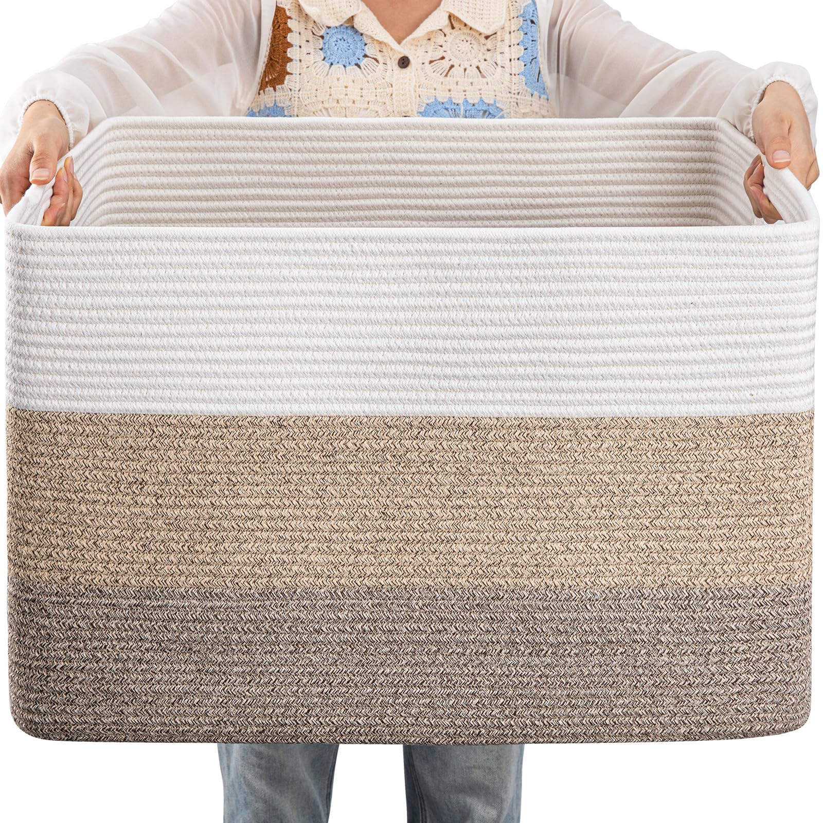 OIAHOMY 108L Large Cotton Rope Basket, Rectangle Woven Baskets for Storage, Nursery Blanket Storage Living Room, Toy Basket With Handle-25”x16”x16”-Gradient Yellow