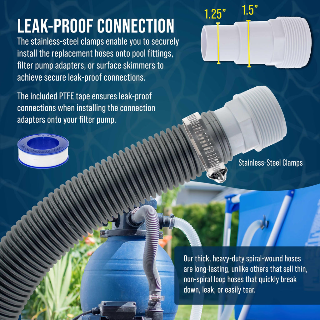 U.S. Pool Supply 1.5" Heavy-Duty Above Ground Pool Hose Replacement Kit - 2 Silver 3 Foot Hoses, 2 Connection Adapters, 4 Clamps - Compatible with Intex Filter Pumps
