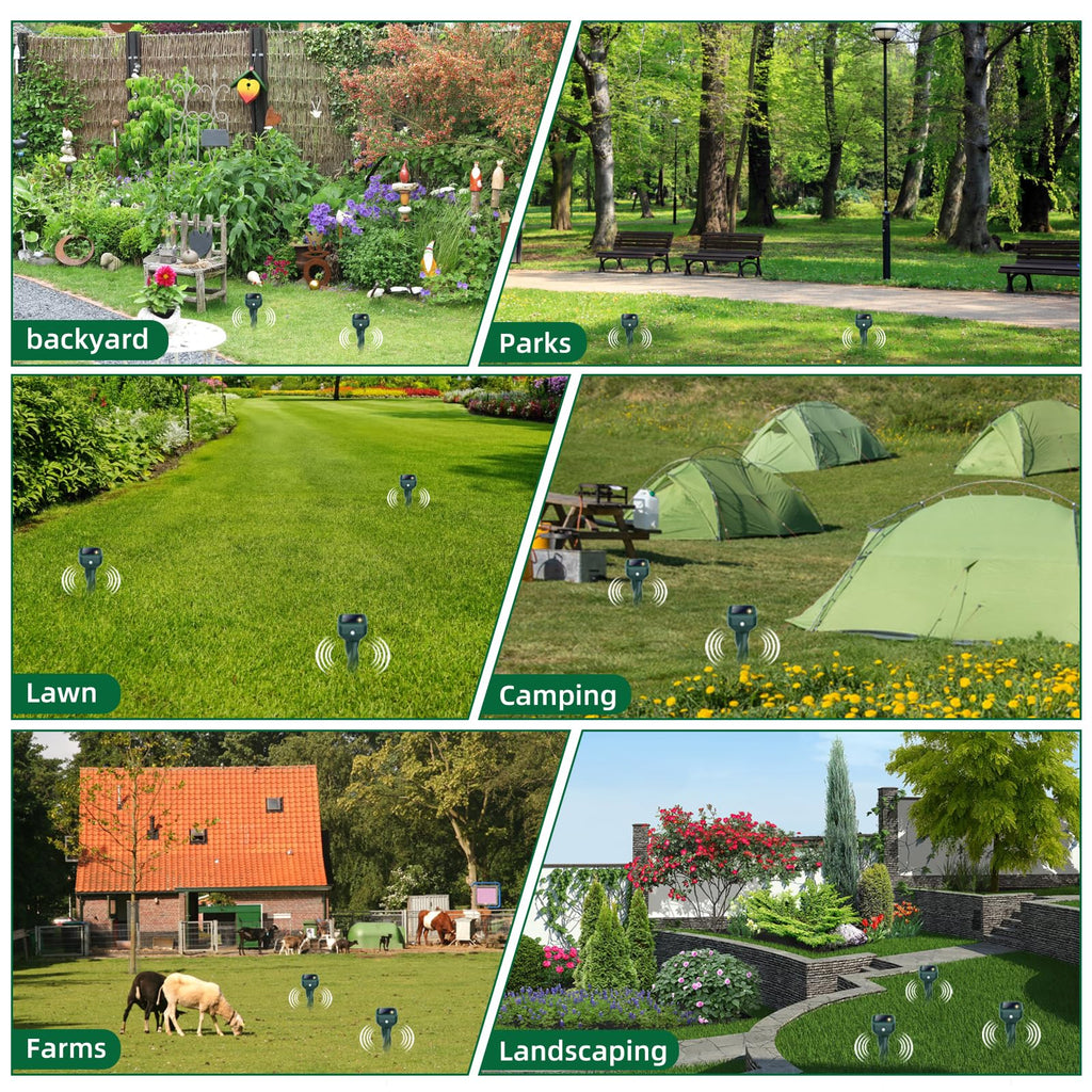 Mole Repellent Solar Powered, 4 Pack Snake & Skunk Repellent for Yard, IP 65 Waterproof Ultrasonic Deterrent Stakes, Get Rid of Rabbit, Gopher, Vole, Chipmunk, Deer, Groundhog for Lawns Garden
