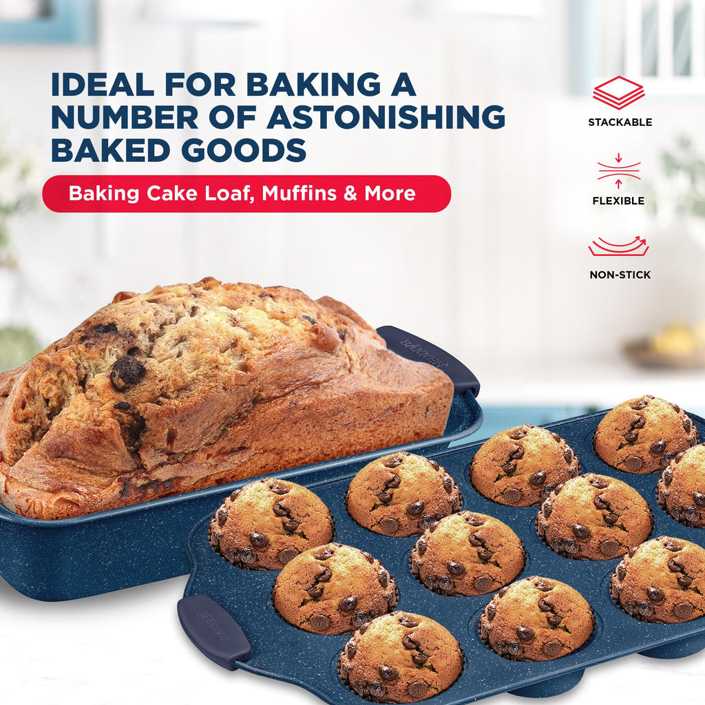 BAKKEN Kitchen Baking Pan Set - Nonstick Coating, Carbon Steel Bakeware Sets with Blue Silicone Handles, Baking Kitchen Essentials, PFOA, PFOS, PTFE Free, Oven Safe Tray (Up To 450° F), Set of 8