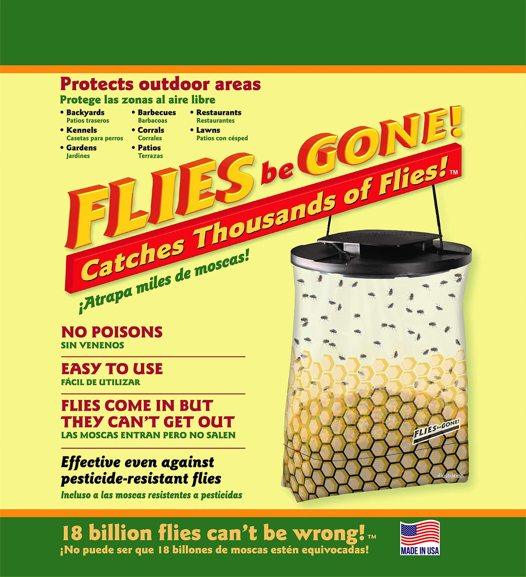 Flies Be Gone Fly Trap - Disposable Non Toxic Fly Catcher - Made in USA - Natural Bait Trap for Patios, Ranches. Easy to Use Outdoor Fly Trap, Keeps Flies from Coming Indoors (12 Pack)