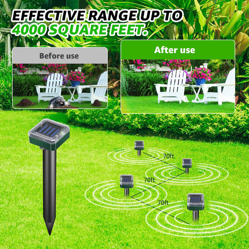 Mole Repellent Solar Powered Waterproof Outdoor Chipmunk Deterrent Solar Mole Repellent Ultrasonic for Gopher Vole Rat Squirrel Skunk Garden Yard Lawn Pest Control