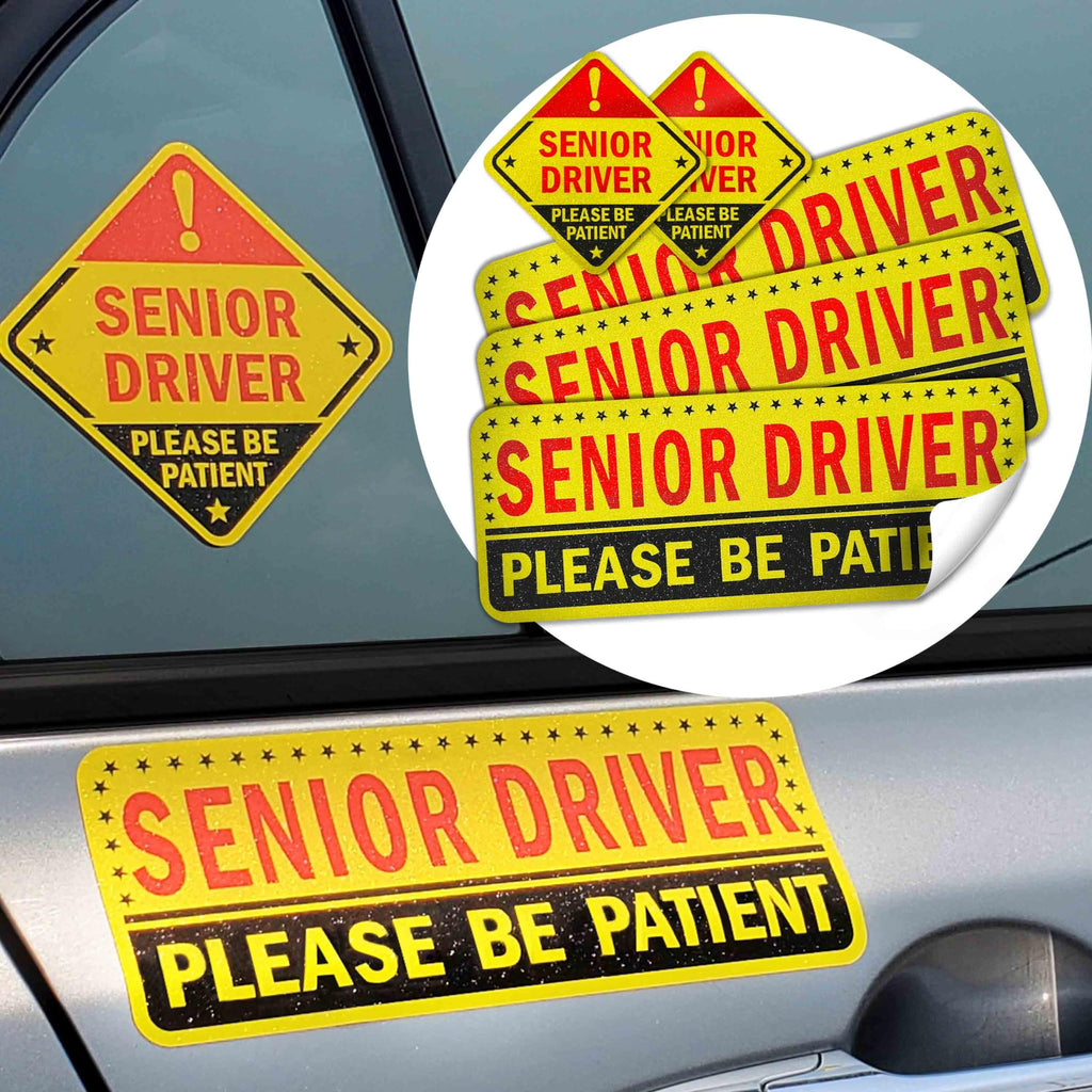 5-Pack Senior Driver Stickers (Non-Magnetic) – Promotes Road Safety for Elderly Drivers, Reusable, Reflective, Paint-Safe Decals for Car Bumper and Windows