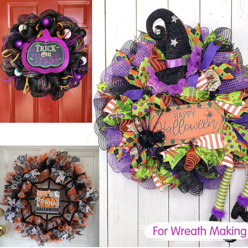 TONIFUL 4 Rolls 10 Inch Black/Orange/Purple/Green Decorative Mesh Ribbbon Rolls, for Wreath Supplies Front Door Wreath Craft Tree Decor Christmas NewYears Halloween Decoration (30ft/roll, 120ft/Set)