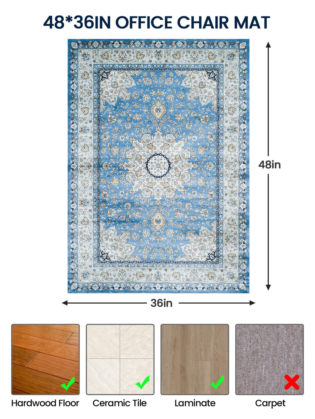 Office Chair Mat for Hardwood Floor, 36"X 48" Desk Rug for Rolling Chair on Hardwood, Under Desk mats, Office Carpet Floor Protector Mat for Computer Gaming Chairs, Machine Washable Area Rug -Teal