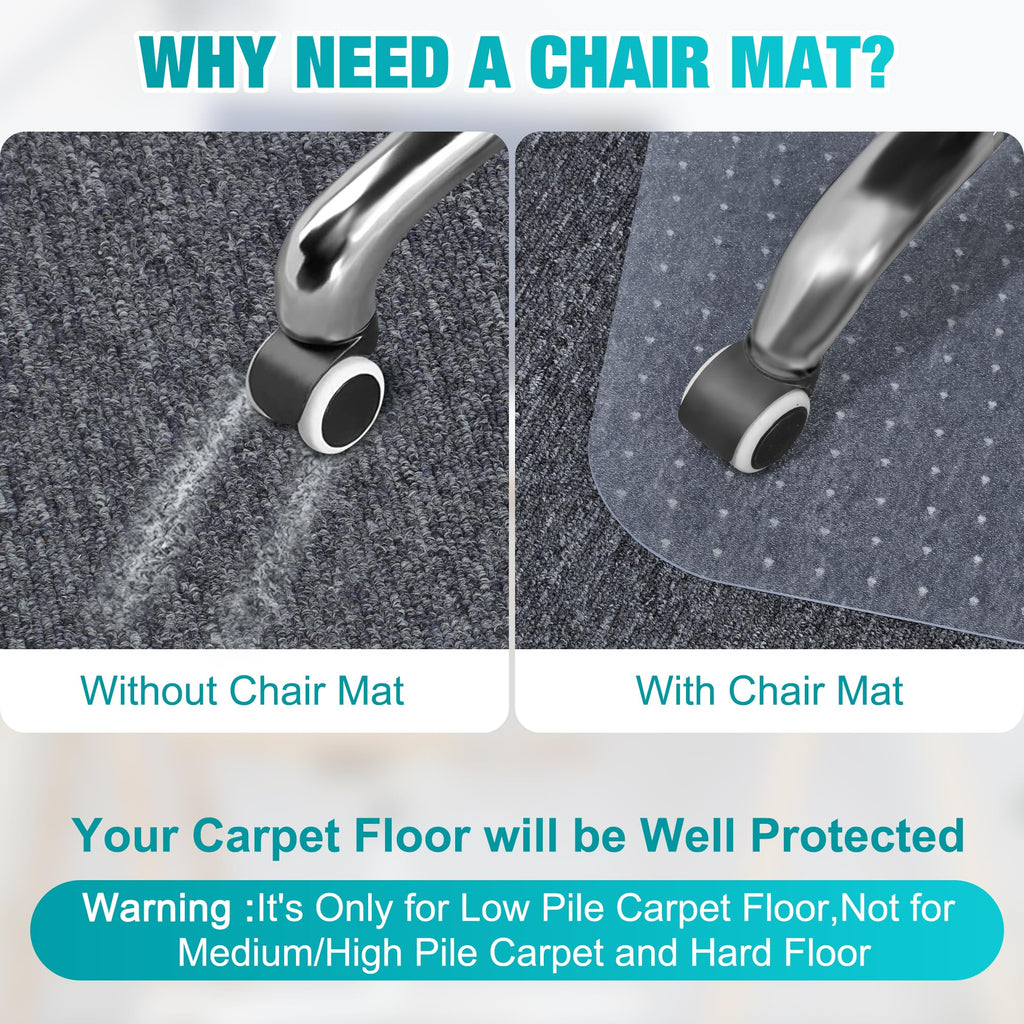Office Chair Mat for Carpets, Clear Desk Floor Mat for Low, Flat and No Pile Carpeted Floors, Thick and Sturdy Carpet Protector for Desk Chair (48"x36" with Lip)