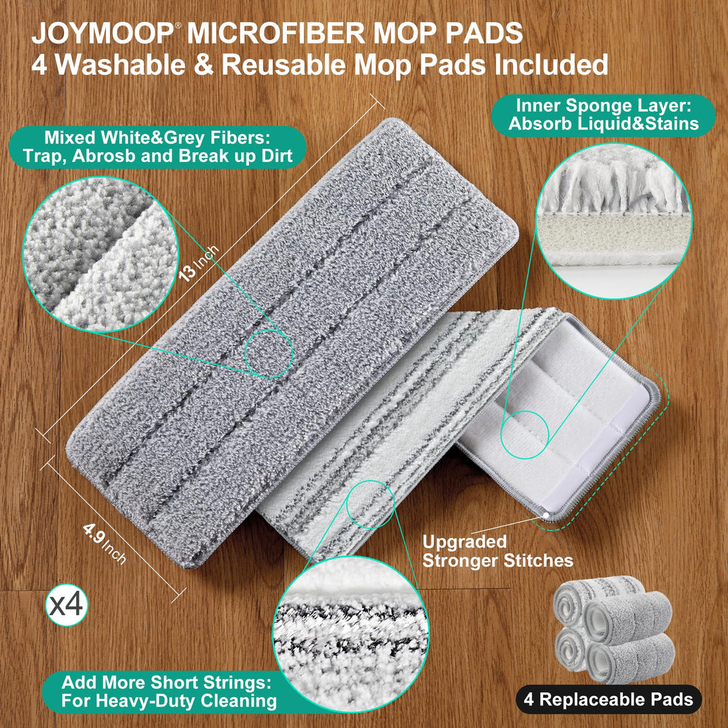JOYMOOP Mop and Bucket with Wringer Set, Flat Squeeze Mop Flat Head, Dust Mops for Wall Cleaner with Long Handle, Hands-Free Microfiber Mops for Floor Cleaning - White