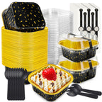 NPLUX 50 Pack Mini Cake Pans with Lids and Spoons Aluminum Foil Pans Square Cake Tins for Bakery Party Wedding (Black Gold Spot,5 oz)