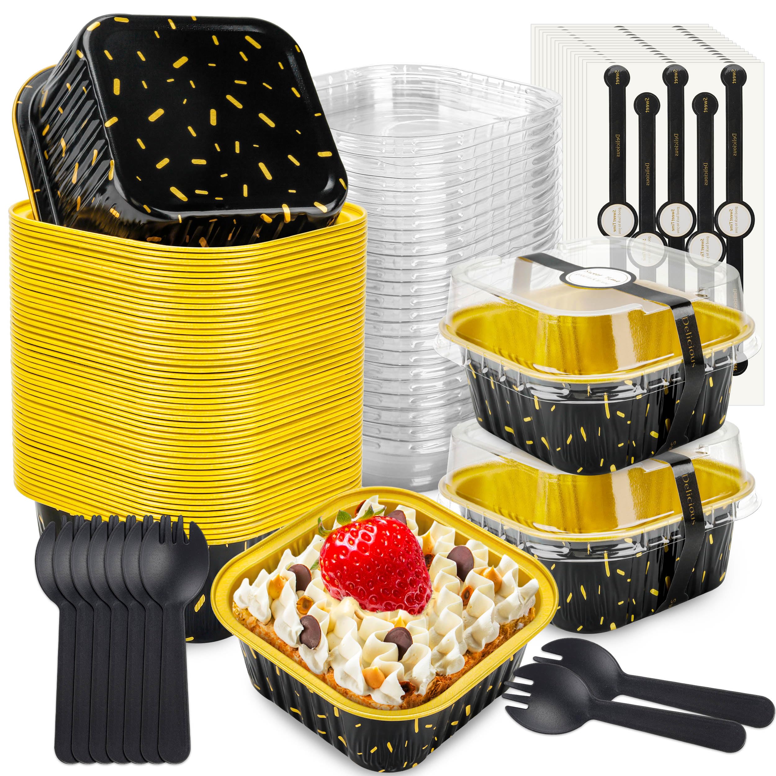 NPLUX 50 Pack Mini Cake Pans with Lids and Spoons Aluminum Foil Pans Square Cake Tins for Bakery Party Wedding (Black Gold Spot,5 oz)