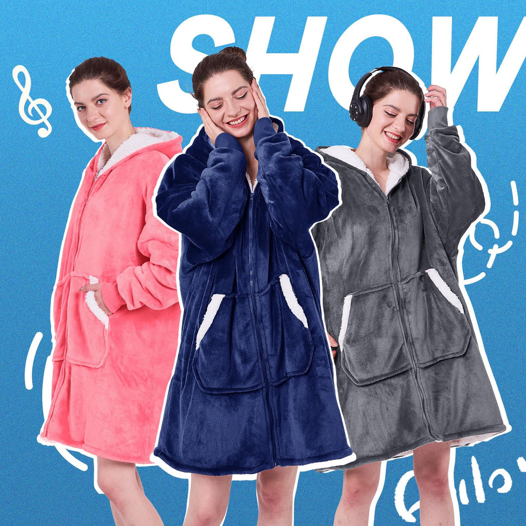 JOYWOO Wearable Blanket Hoodie, Oversized Hooded Blanket for Adult, Birthday Christmas Gifts for Women Men, Cozy Fuzzy Sherpa Sweatshirt Blanket with Giant Pocket and Zipper, Navy Blue
