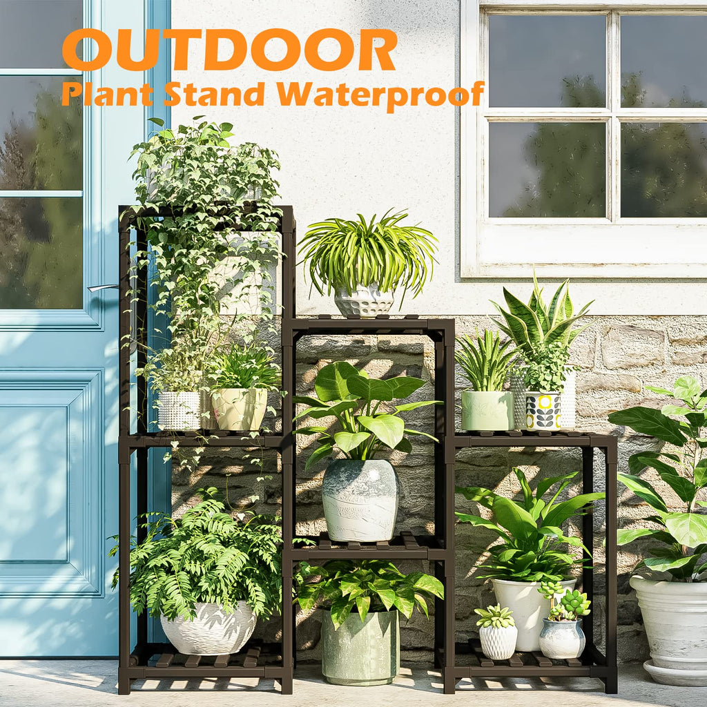 Bamworld Outdoor Black Plant Shelf Indoor Tiered Table for Multiple Plants 3 Tiers 7 Potted Ladder Plant Holder Pot Stand for Window Garden Balcony Living Room