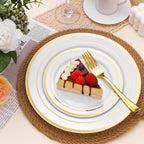 BESTSTAR 100PCS White Plastic Plates for Party, 10.25 Inch Disposable Plates with Gold Rim, Heavy Duty Dinner Plates for Christmas, Thanksgiving, Party, Wedding and Birthday