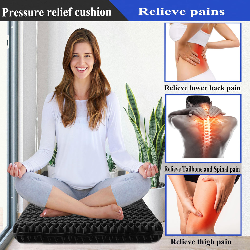 Plus Size Gel Seat Cushion for Long Sitting, Extra Large and Thick Pressure Relief Seat Cushion for Back, Hip, Sciatica, Tailbone Pain, Use for The Office, Car, Wheelchair, Stadium.(Black)