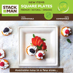100% Compostable Square Paper Plates [50-Pack] - {PFAS-Free} - {BPI Certified} - [10 Inch] Heavy Duty, Eco-Friendly, Biodegradable Bagasse Dinner Plates - Natural Brown 10" Plate by Stack Man