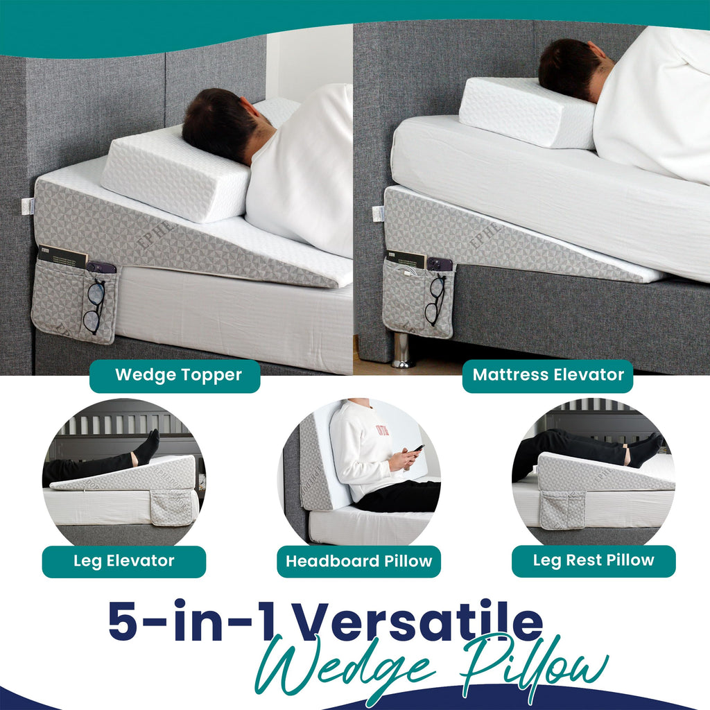 Under Mattress Wedge for Acid Reflux, Queen Size Bed Wedge, Under Support & Mattress Riser, Memory Foam Top 7.5-Inch Head Riser Incline Topper, Non-Slip Bottom & Side Storage Pockets