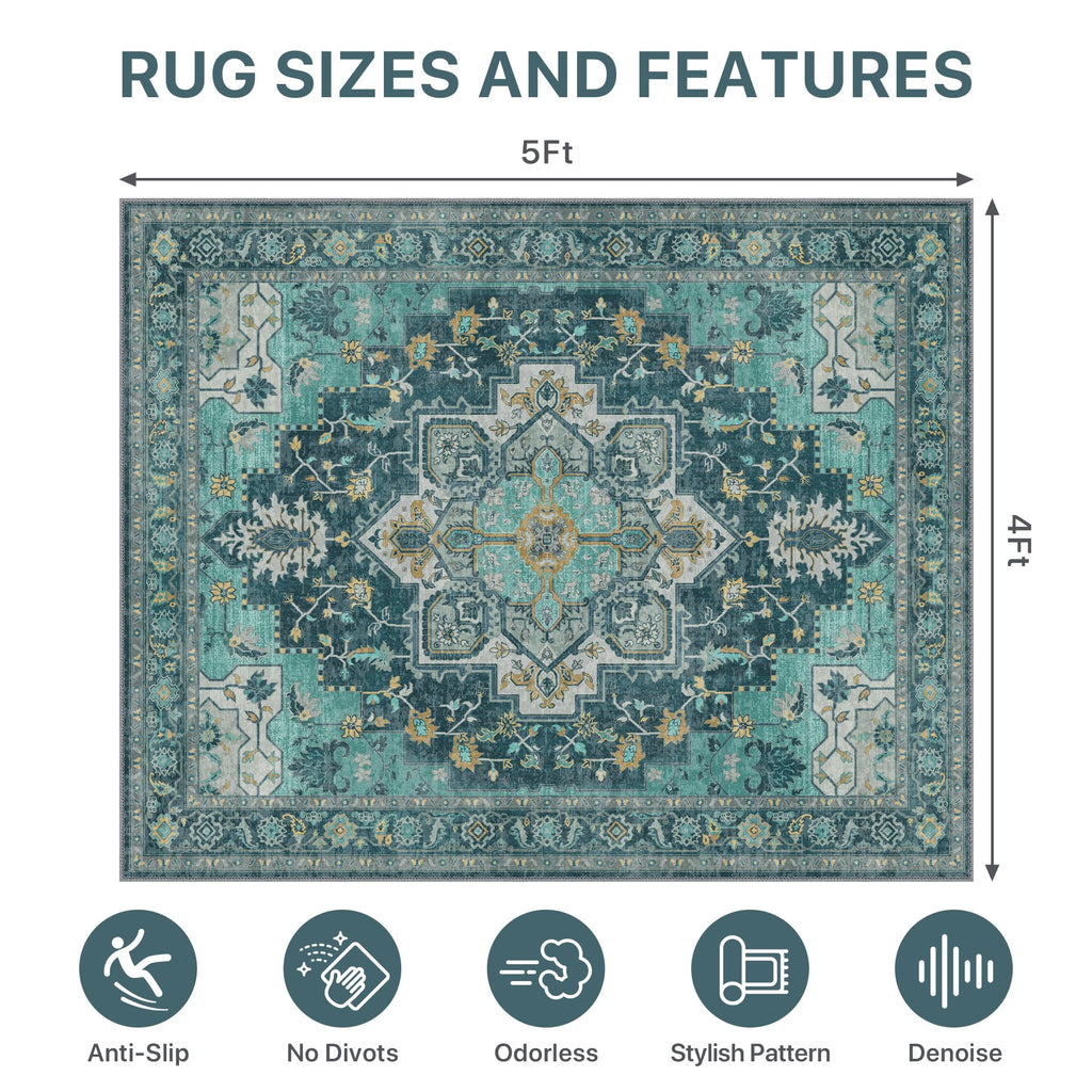 48"x60" Office Chair Mat for Hardwood Tile Floor, Under Desk Carpet Protector for Rolling Computer Chair Mat, Machine Washable Area Rug, Anti-Slip 1/5" Thick Low Pile Thin Vinyl Floor Mat, Turquoise