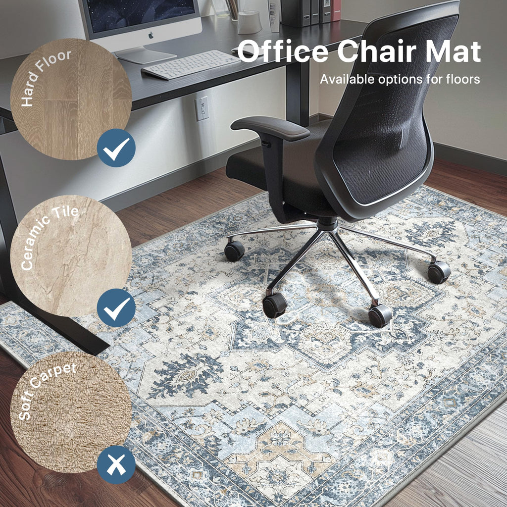 48"x60" Office Chair Mat for Hardwood Tile Floor, Under Desk Carpet Protector for Rolling Computer Chair Mat, Machine Washable Area Rug, Anti-Slip 1/5" Thick Low Pile Thin Vinyl Floor Mat, Blue