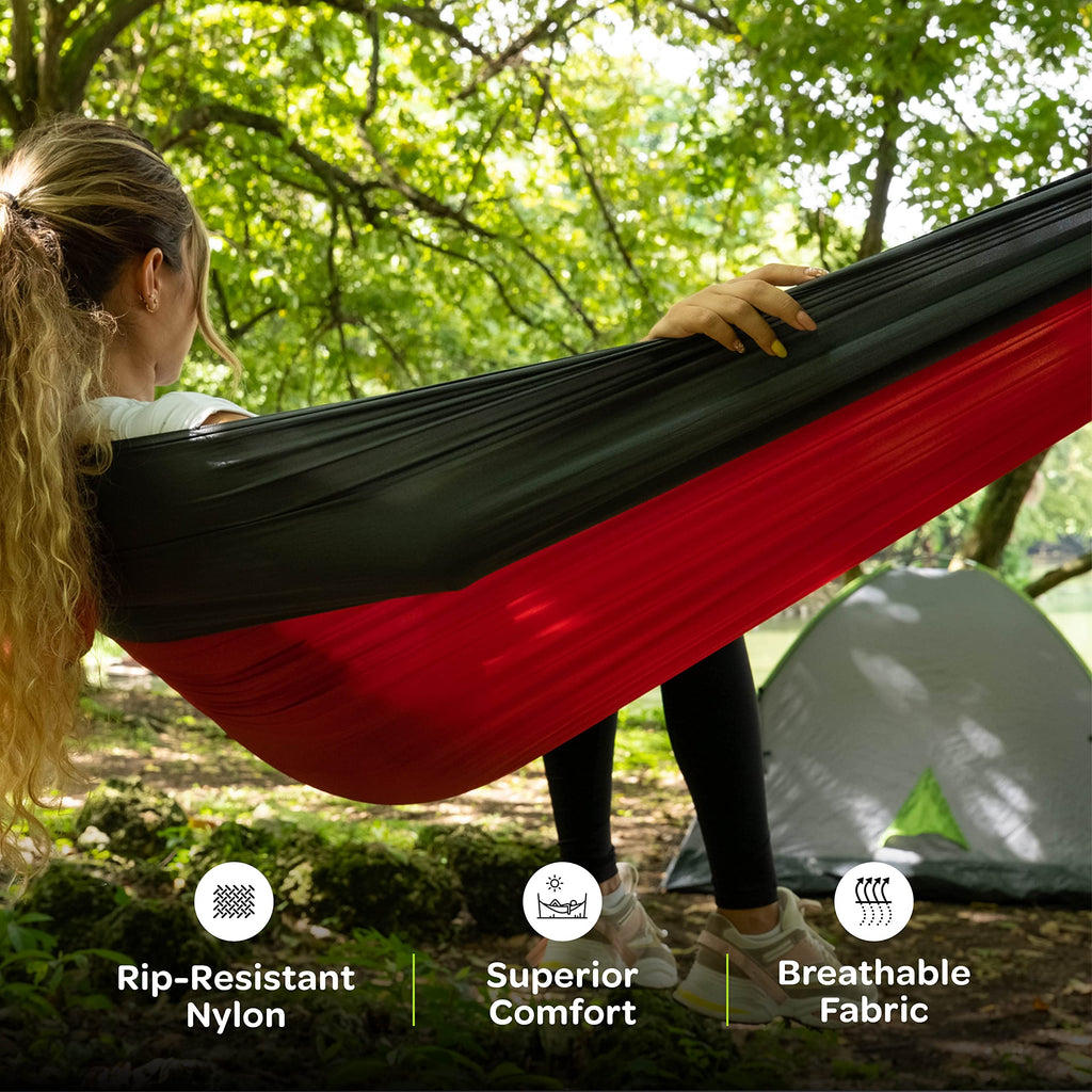 Durable Hammock 500 lb Capacity - Lightweight Nylon Camping Hammock Chair - Double or Single Sizes w/Tree Straps and Attached Carry Bag - Portable for Travel/Backpacking/Beach/Backyard (Large,Green)