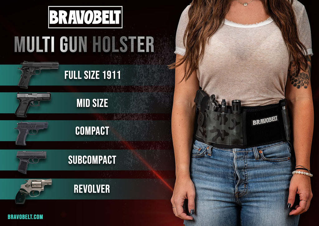 BRAVOBELT Belly Band Holster for Concealed Carry - Athletic Flex FIT for Running, Jogging, Hiking - Glock 17-43 Ruger S&W M&P 40 Shield | for Men & Women (Camo, XL - 45" - 55" Belly)