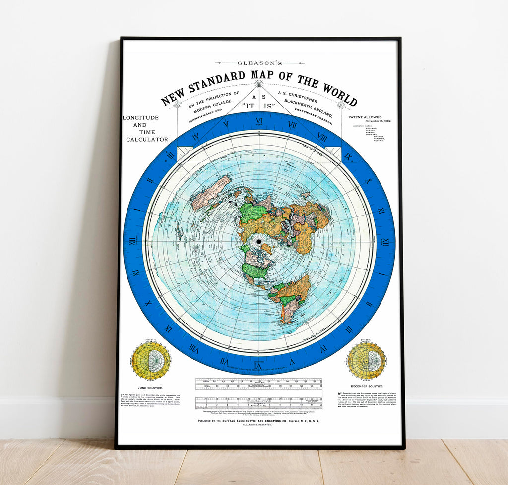Flat Earth Map of the World - 1892 Alexander Gleason Map -24x36 inches- Wall Art Poster Print Décor Gift - Circular Plane - Longitude and Time - Polar Azimuthal Projection - Flat Earthers - Unframed Home School Gift Decor