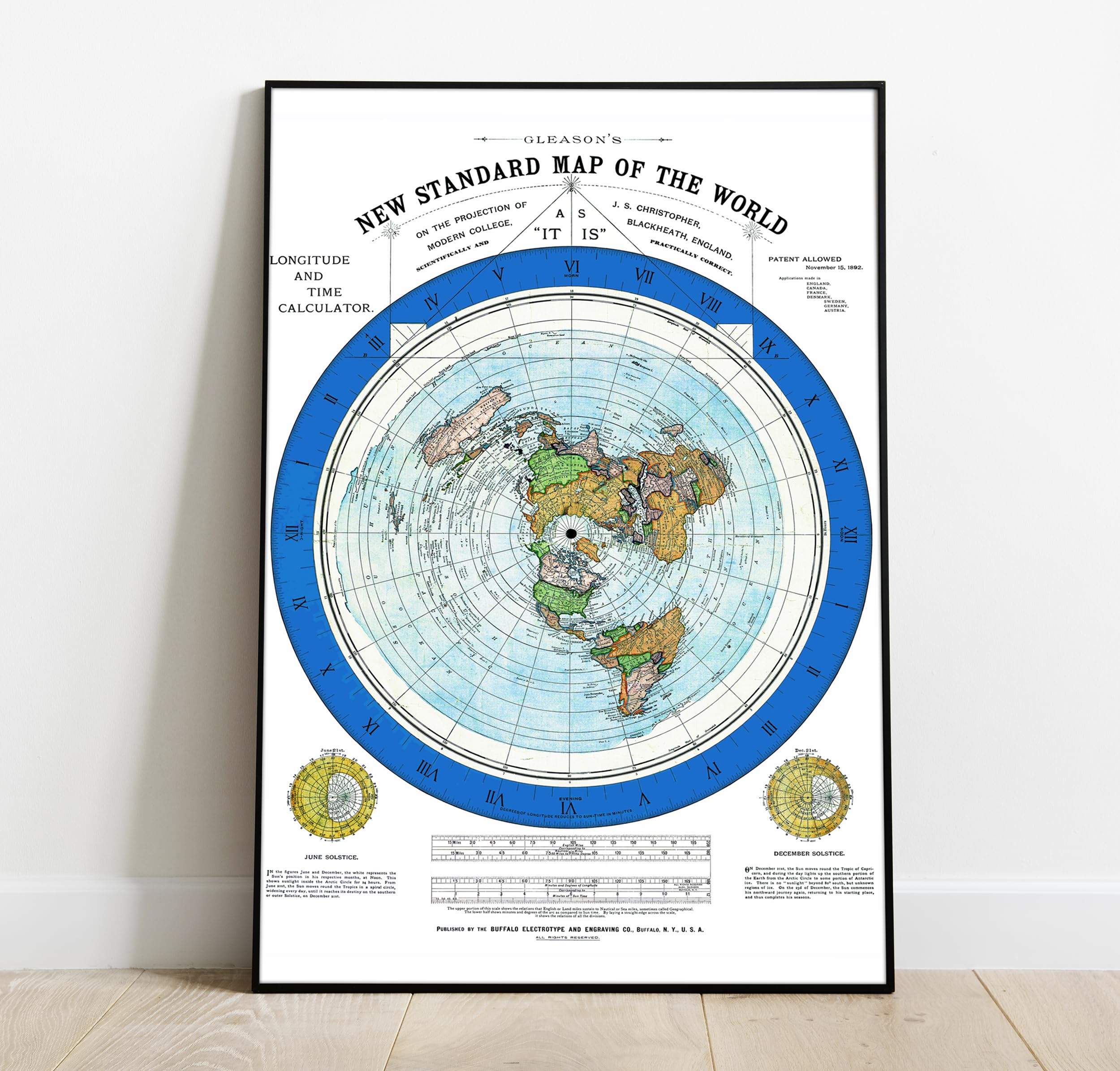 Flat Earth Map of the World - 1892 Alexander Gleason Map -24x36 inches- Wall Art Poster Print Décor Gift - Circular Plane - Longitude and Time - Polar Azimuthal Projection - Flat Earthers - Unframed Home School Gift Decor