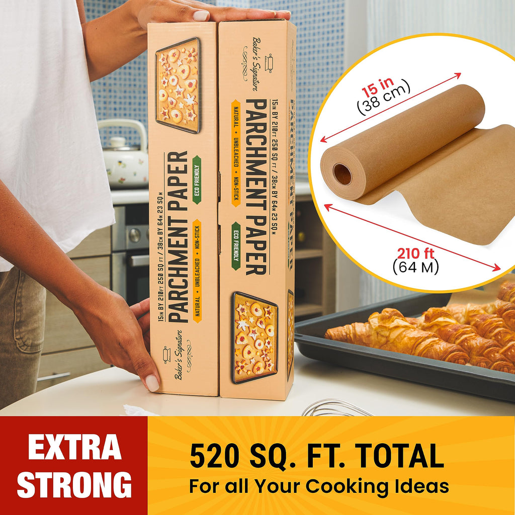 Unbleached Parchment Paper for Baking – 2-Pack 520 Sq.Ft Total - 15 in x 210 ft Baking Paper Roll with Cutter, Non-Stick Brown Parchment for Baking, Cooking, Grilling, Steaming by Baker’s Signature